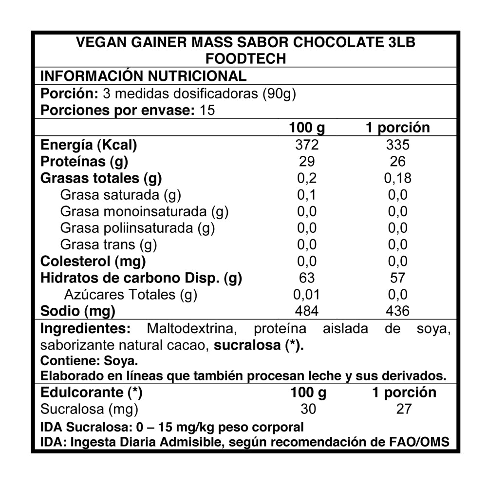 Vegan Gainer Mass 3 lbs Vainilla - Foodtech