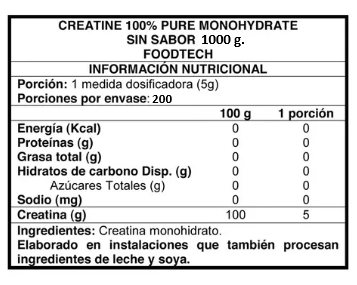 Tabla nutricional creatina monohidratada Foodtech 1 kg