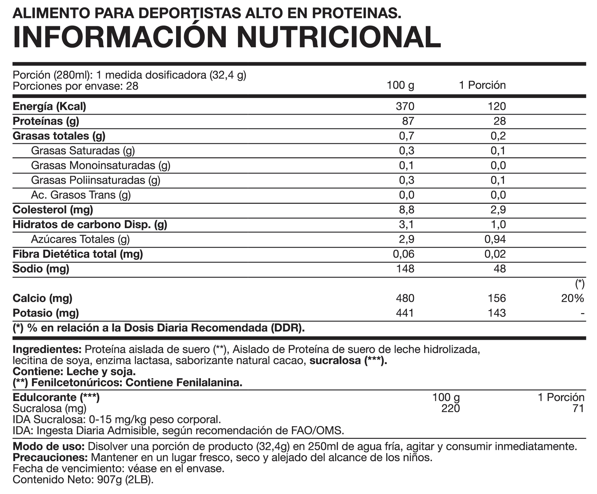 Tabla nutricional ISO 100 Hydro Whey Foodtech 2 lb chocolate