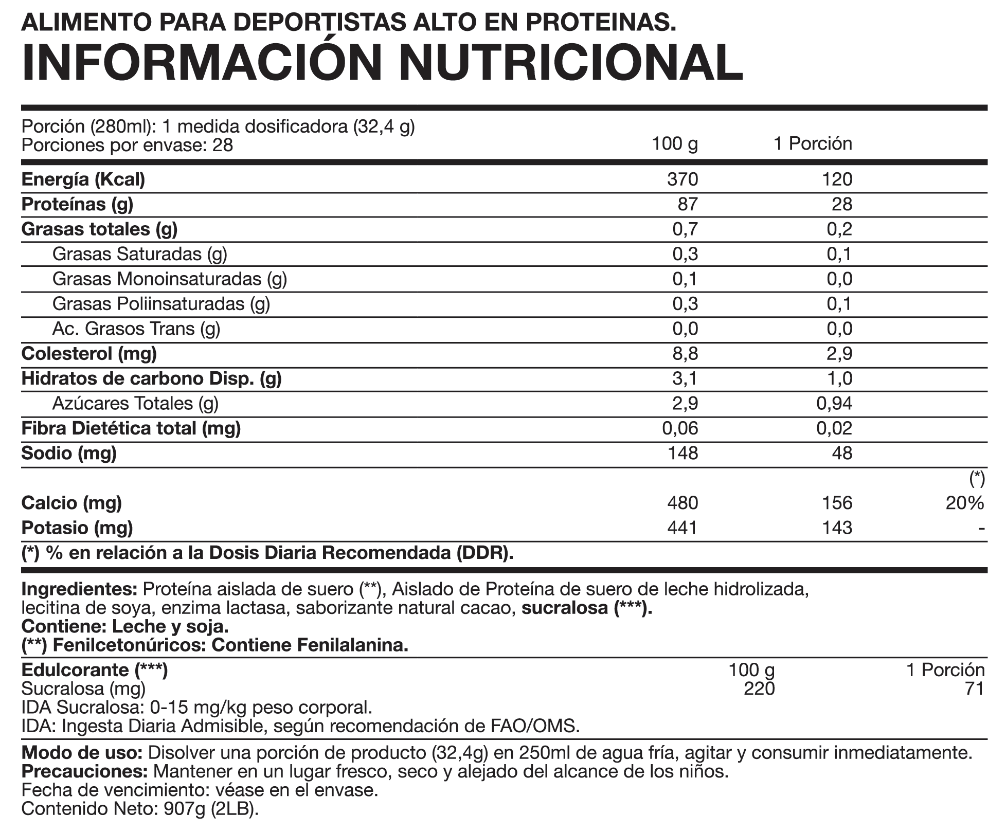 Tabla nutricional ISO 100 Hydro Whey Foodtech 2 lb chocolate
