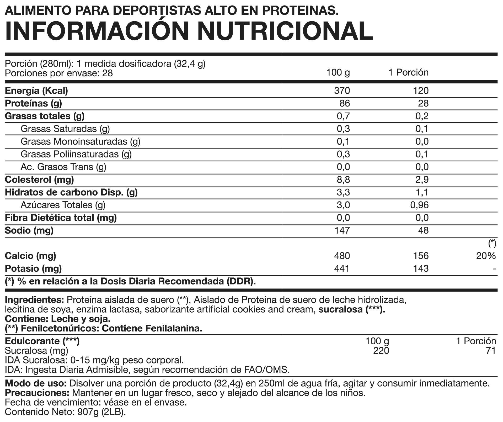Tabla nutricional ISO100% Hydro Whey 2 lb Cookies and Cream Foodtech
