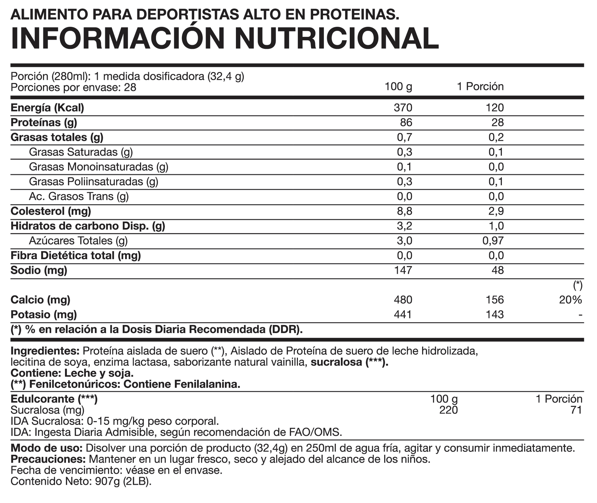 Tabla nutricional ISO100% Hydro Whey 2 lb Vainilla Foodtech