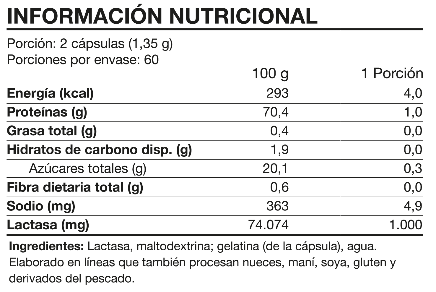 Tabla nutricional Lactase Enzyme 1000mg 120 caps Foodtech