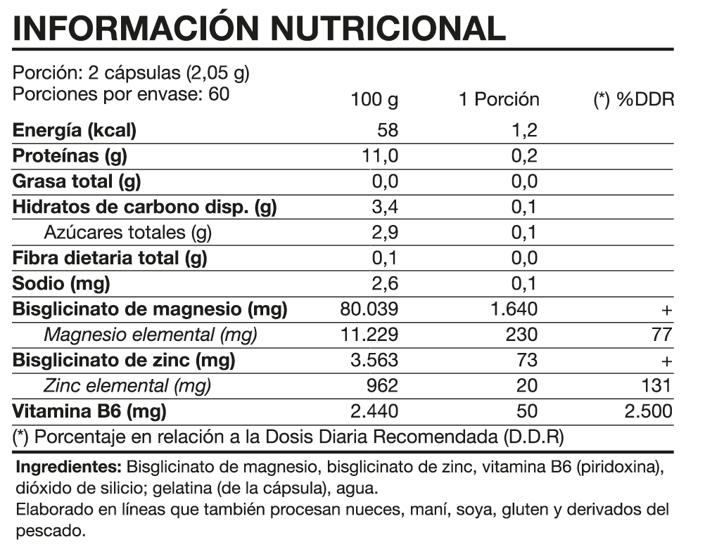 Tabla nutricional ZMA Complex 120 caps Foodtech